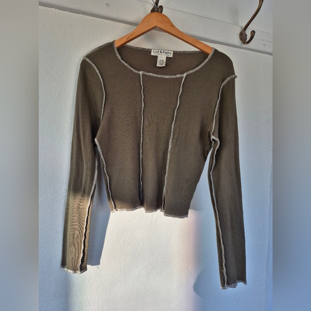 Cut & Paste Olive Seam-Detail Long Sleeve Tee